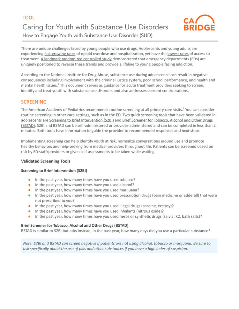 CA BRIDGE - TOOL - Caring for Youth with Substance Use Disorders