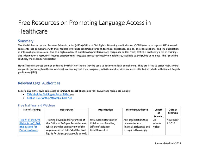 Free Language Access Healthcare Resources Chart